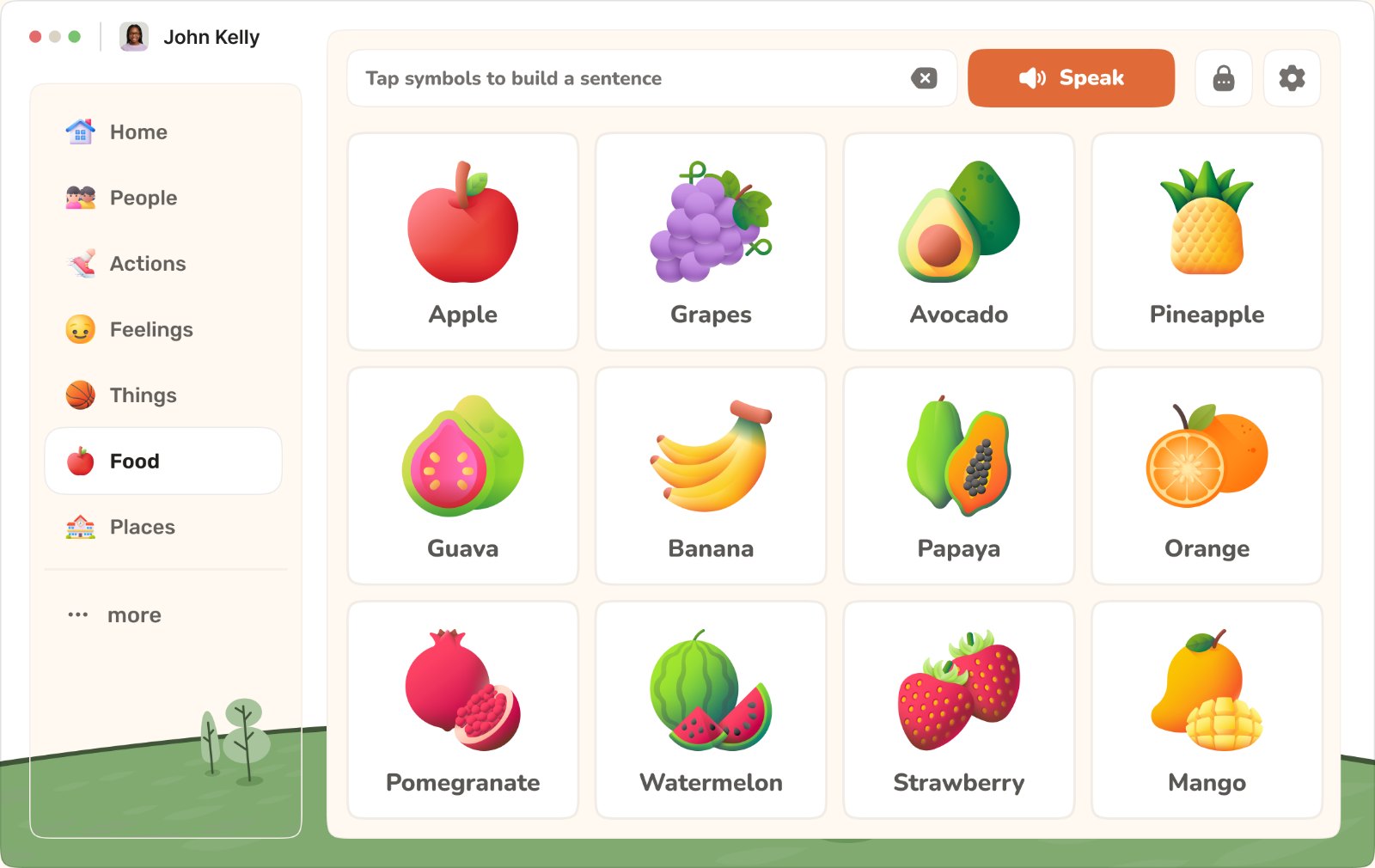 The Pikabay AAC board on the Food category: a sidebar of categories, a sentence bar with a Speak button, and picture tiles for apple, grapes, avocado, pineapple, guava, banana and more.